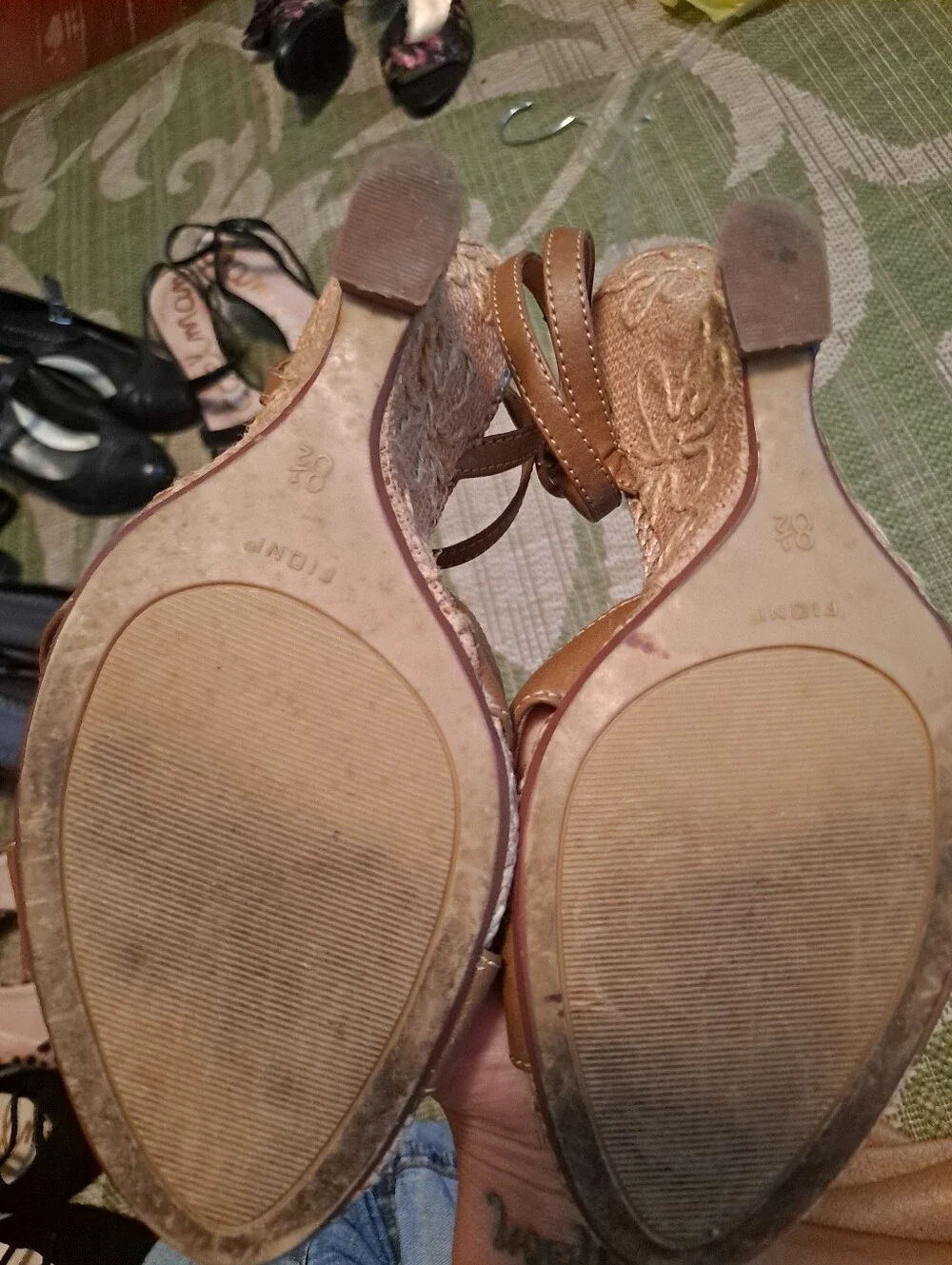FIONI Clothing Tan Floral Wedge Sandals with Ankle Strap